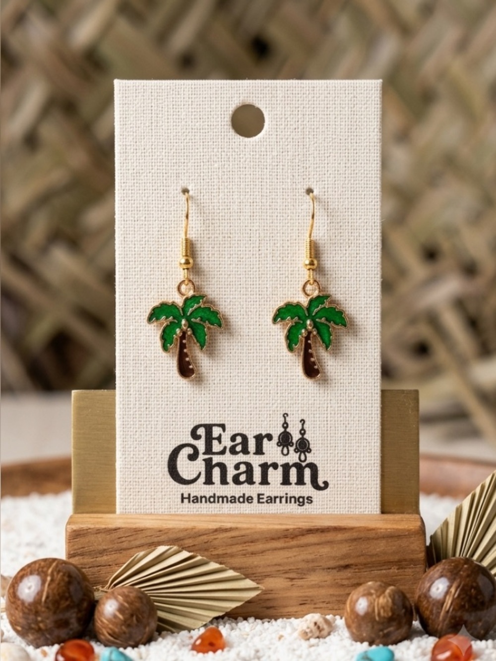 New Palm Tree Dangle Earrings - Green, Brown, & Gold